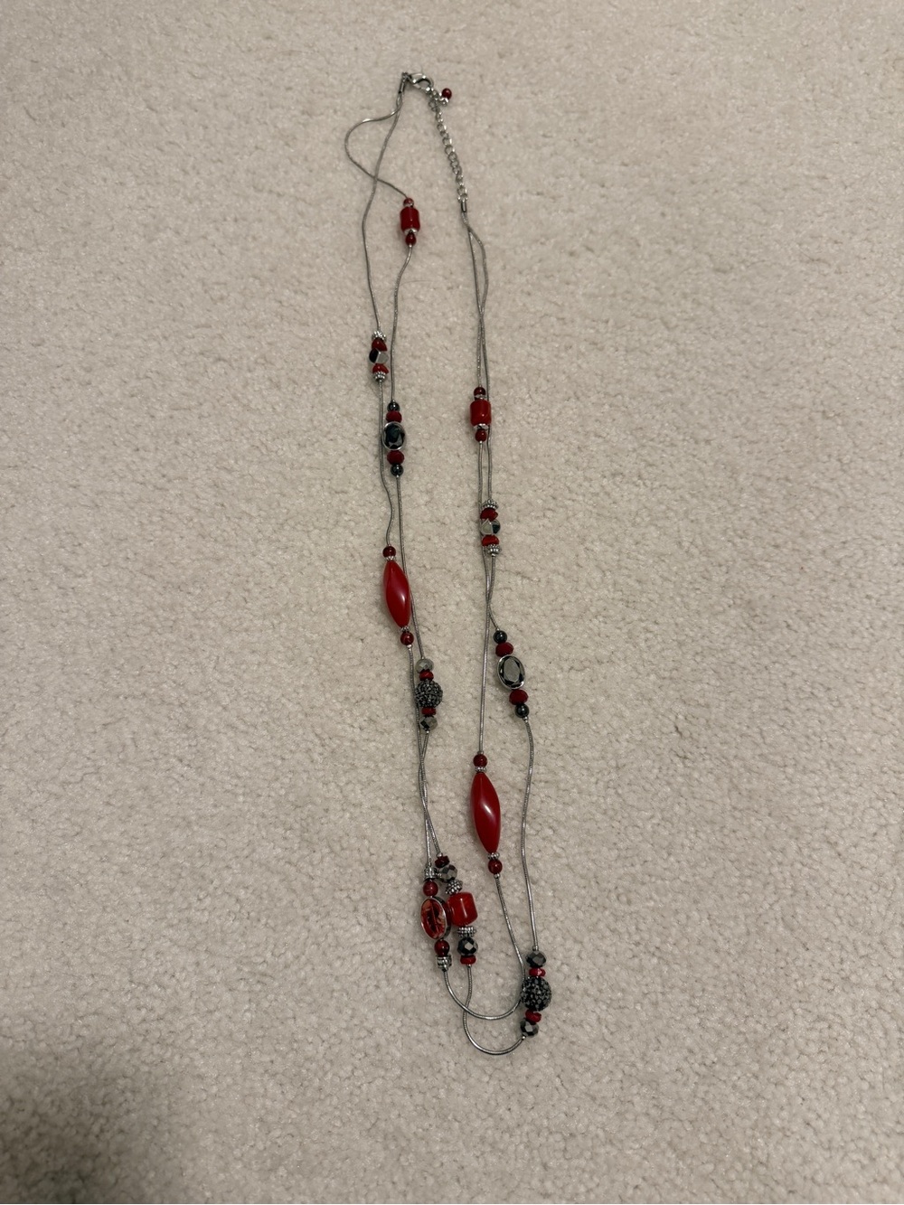 Chico's Red Multi-Bead Layered Necklace with Gunmetal Accents